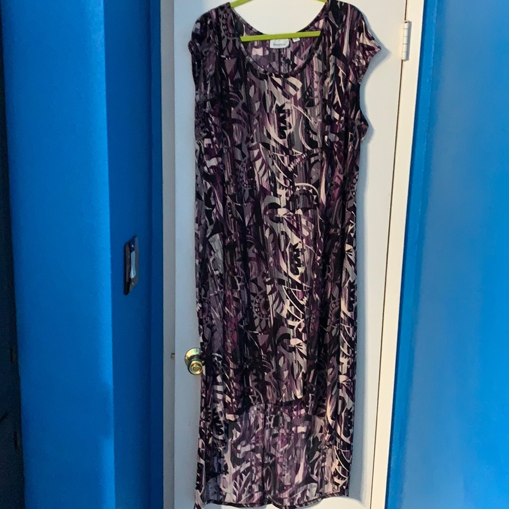 Purple and black patterned dress.